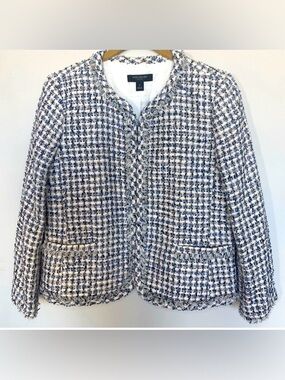 Ann Taylor Navy and White Tweed Collarless Blazer